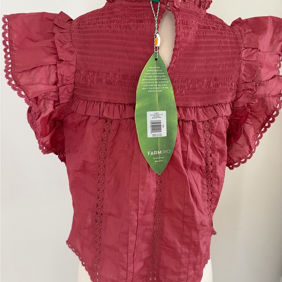 FARM Rio Ruffles Embroidered Details Blouse in Raspberry Red/Pink XS NWT - Picture 2 of 4